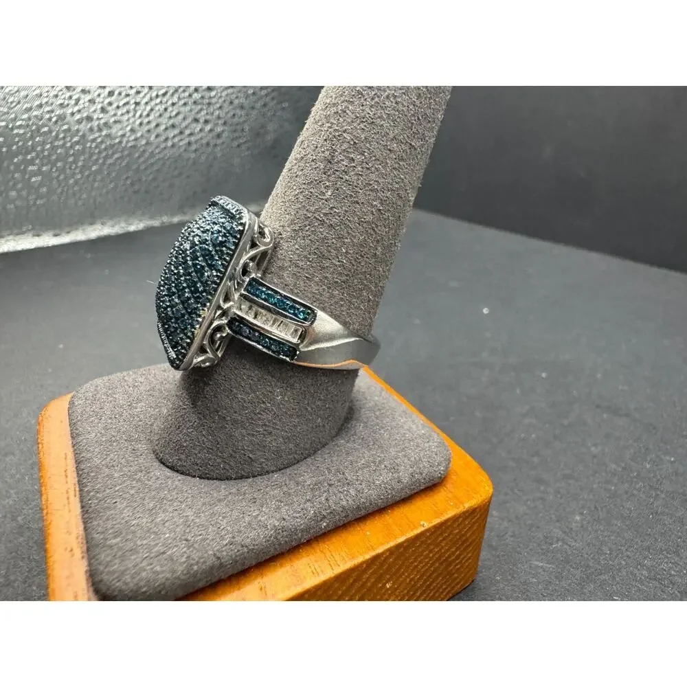 D’Joy 925 Sterling Silver Blue & White Diamond Pave Cocktail Ring Size 10.25